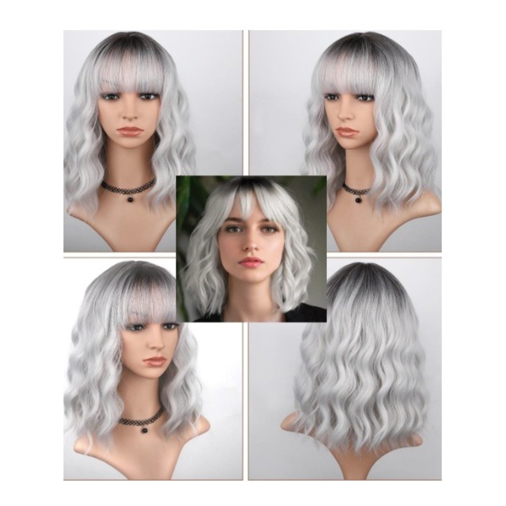 MINLEE Silver Gray Wig with Bangs 14 Inch Short Bob Wavy Curly Ombre Synthetic